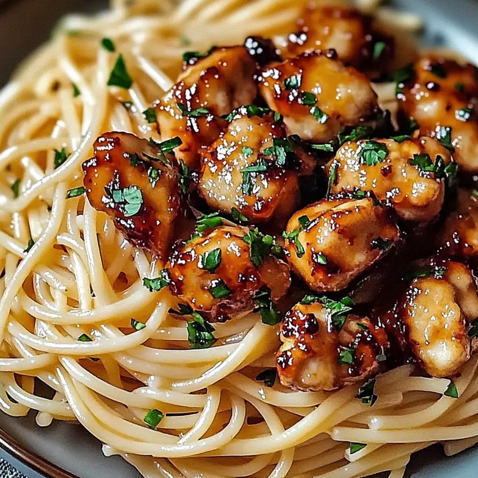 Aromatyczny kurczak w miodowo-czosnkowej glazurze z kremowym spaghetti